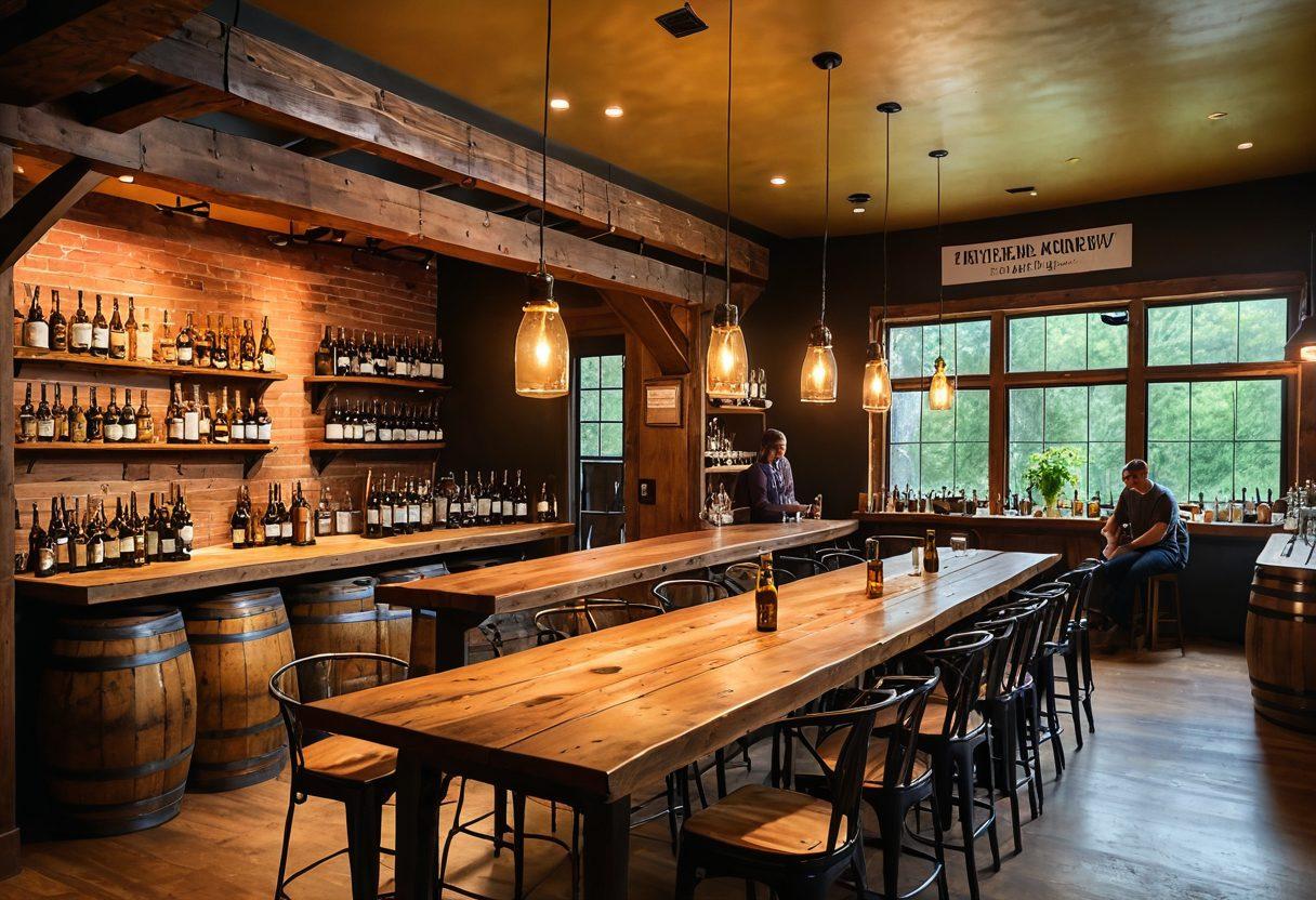 A cozy, rustic brewery interior filled with wooden barrels, brewing equipment, and a warm glow from golden lights. A diverse group of friends taste artisan beers around a communal wooden table, showcasing various beer glasses filled with unique brews. Lush greenery in the background symbolizes the natural ingredients used in brewing. Atmospheric steam adds a touch of warmth and intimacy to the scene. watercolor painting. warm colors.