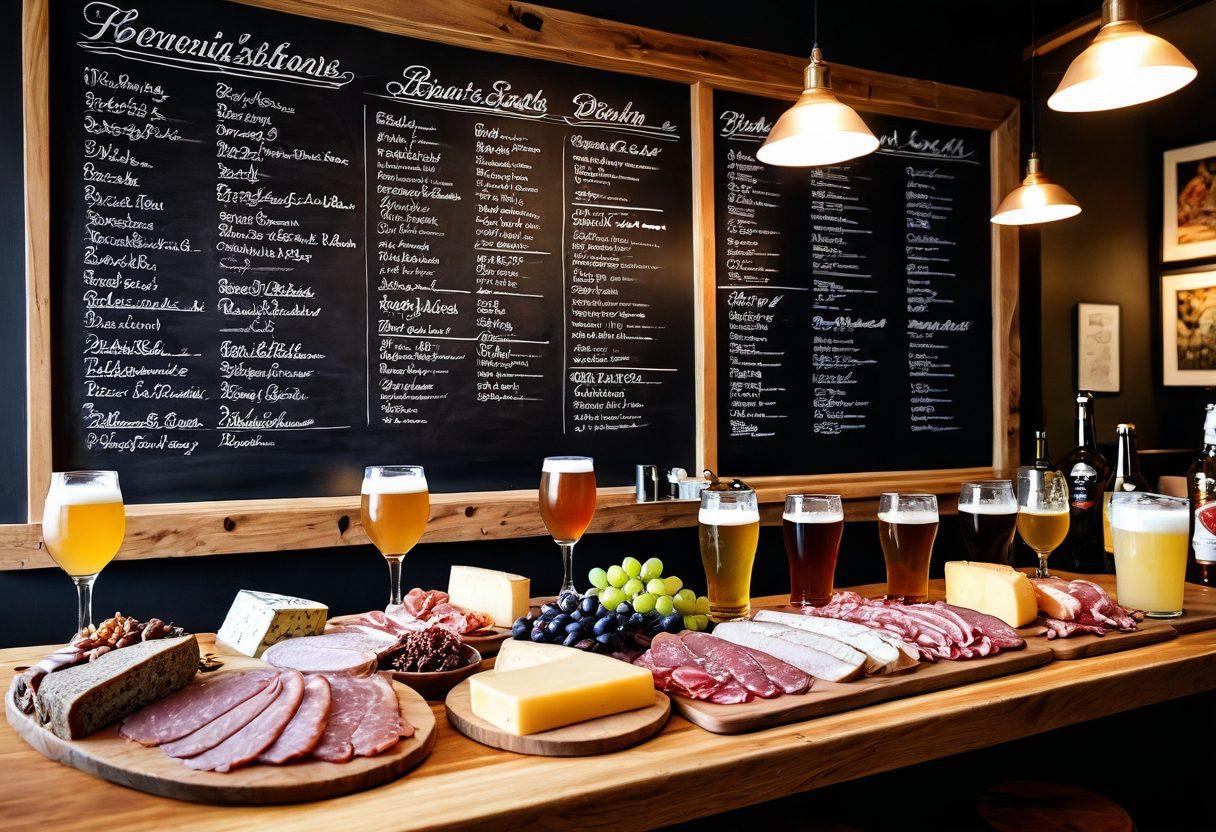 A cozy bar scene featuring an assortment of beer glasses filled with various beer styles, alongside a beautifully arranged cheese and charcuterie board that complements the drinks. Soft warm lighting illuminates the wooden bar, with a chalkboard menu in the background showcasing different beer pairings. An inviting atmosphere that draws in the viewer. super-realistic. vibrant colors. cozy ambiance.