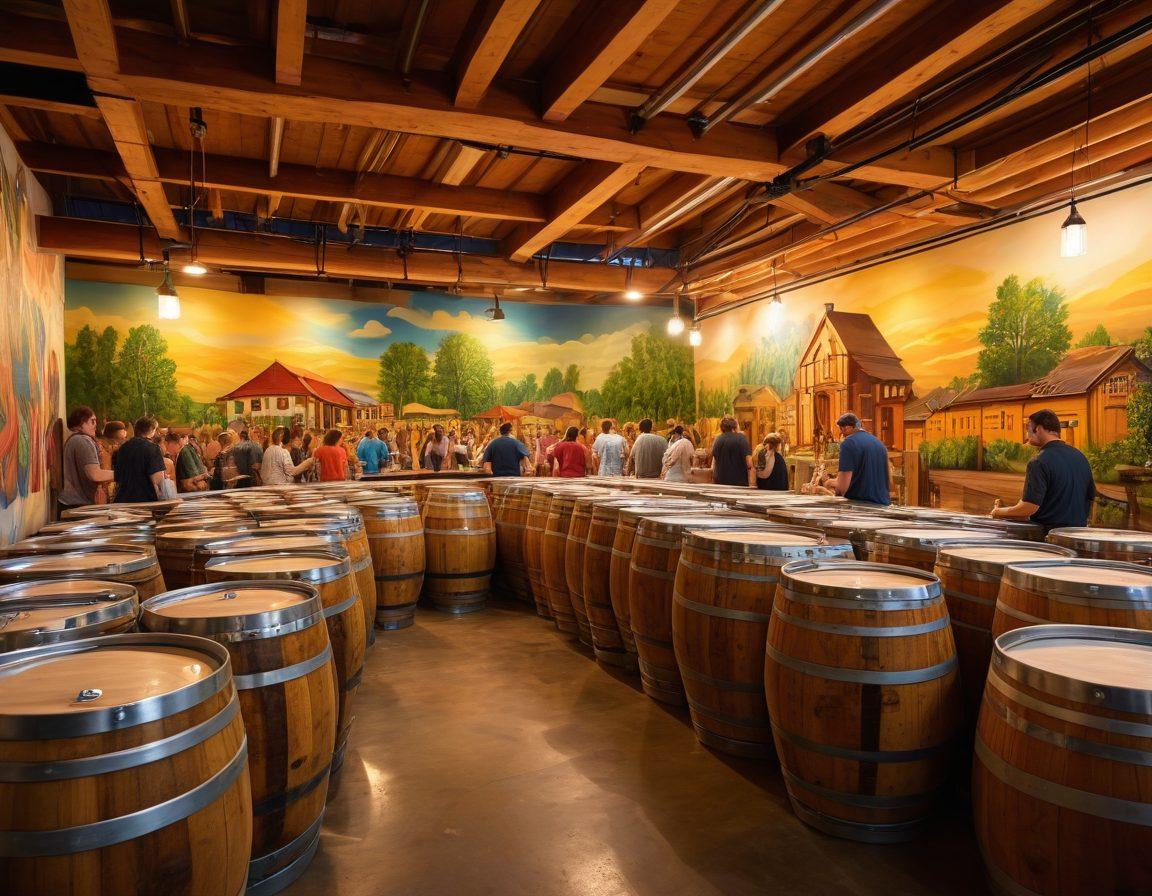 A cozy, inviting brewery scene showcasing a diverse group of artisans crafting beer with vibrant colors. Incorporate barrels of beer, hops, and equipment, with lively conversations among painters, musicians, and brewers celebrating creativity. The atmosphere should feel warm and welcoming, capturing the essence of community and collaboration. Add touches of colorful murals on the walls, and craft beer glasses clinking together in celebration. super-realistic. vibrant colors. warm lighting.